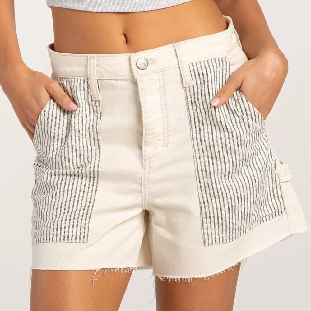LEE Carpenter Denim Shorts High Rise Striped Pockets Off White Size 28 US 6